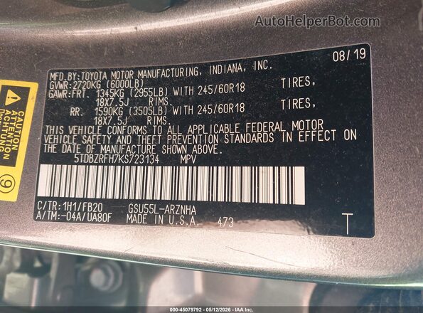 5TDBZRFH7KS723134 2019 TOYOTA LE Gray Vista del compartimento del motor