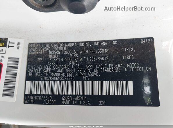 5TDCZRAH6MS528320 2021 TOYOTA HIGHLANDER White Engine compartment view