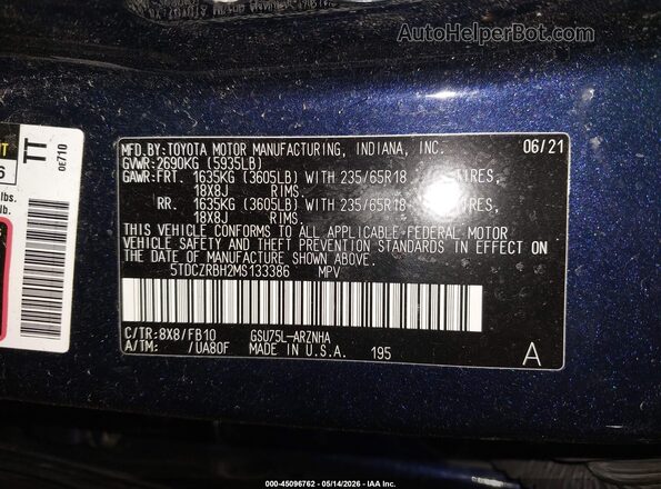 5TDCZRBH2MS133386 2021 TOYOTA HIGHLANDER Blue Շարժիչի բաժամունքի տեսք