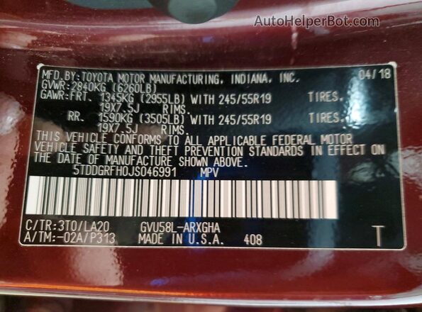 5TDDGRFH0JS046991 2018 TOYOTA HIGHLANDER Burgundy 