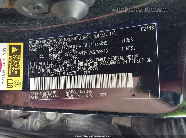 5TDDGRFH4JS042975 2018 TOYOTA HIGHLANDER HYBRID Dark Blue Вид подкапотного пространства