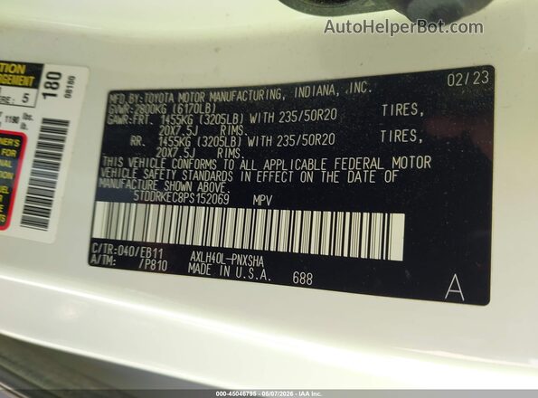 5TDDRKEC8PS152069 2023 TOYOTA SIENNA White 