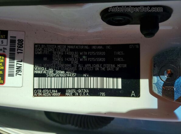 5TDDY5G16GS144357 2016 TOYOTA SEQUOIA White 