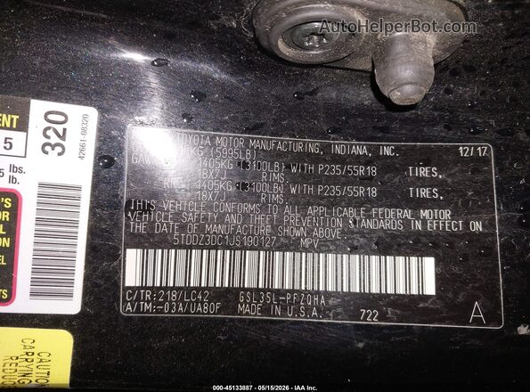 5TDDZ3DC1JS190127 2018 TOYOTA SIENNA Black Vista del compartimento del motor