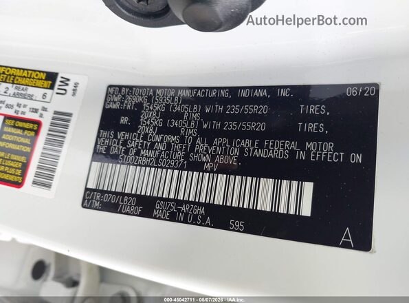 5TDDZRBH2LS029371 2020 TOYOTA LIMITED White 