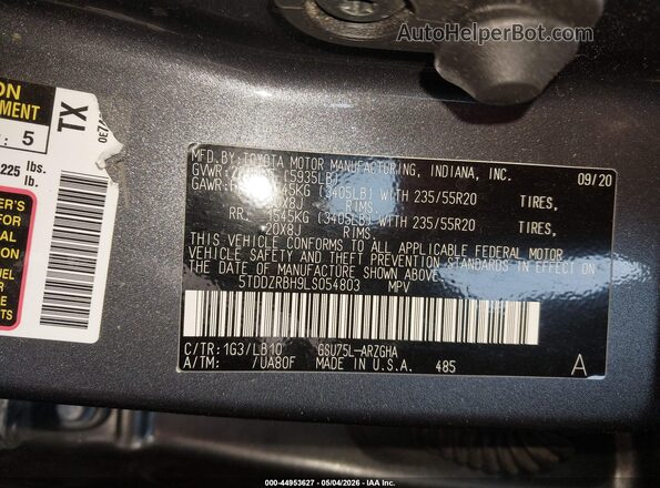 5TDDZRBH9LS054803 2020 TOYOTA LIMITED Gray 