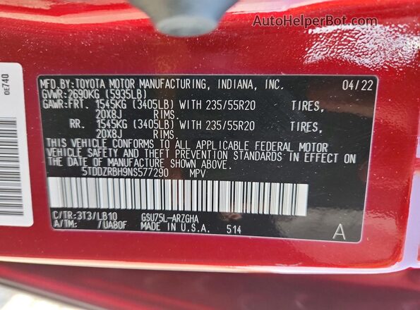 5TDDZRBH9NS577290 2022 TOYOTA HIGHLANDER Red Widok naklejki z numerem VIN