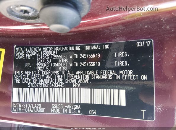5TDDZRFH0HS403445 2017 TOYOTA HIGHLANDER Бордовый Вид подкапотного пространства