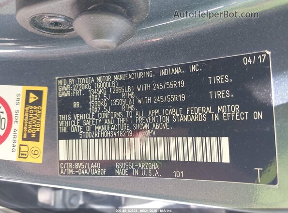 5TDDZRFH0HS418219 2017 TOYOTA HIGHLANDER Blue Engine compartment view