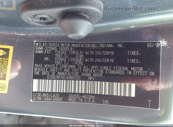 5TDDZRFH0JS880320 2018 TOYOTA HIGHLANDER Blue Вид підкапотного простору