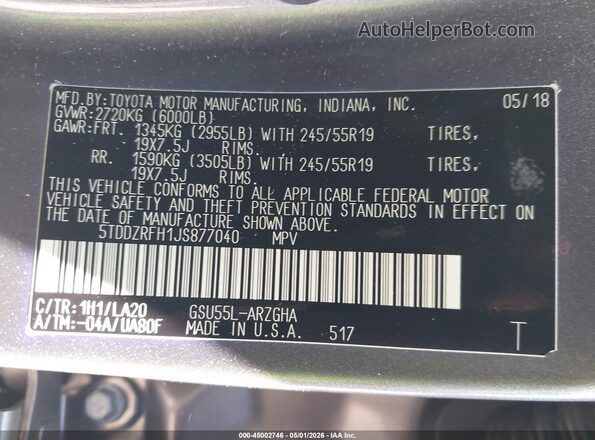 5TDDZRFH1JS877040 2018 TOYOTA LIMITED Gray ძრავის განყოფილების ხედი