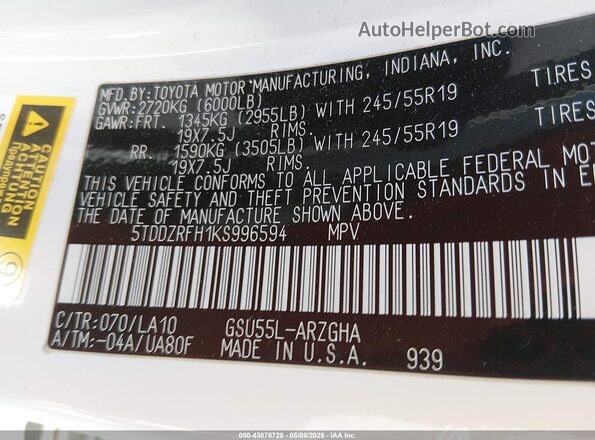5TDDZRFH1KS996594 2019 TOYOTA LIMITED White 