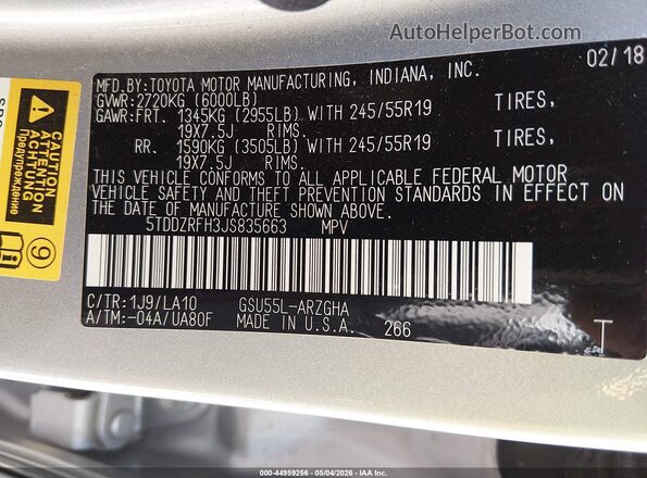 5TDDZRFH3JS835663 2018 TOYOTA LIMITED Silver Vista del compartimento del motor