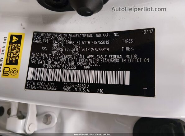 5TDDZRFH4JS496329 2018 TOYOTA LIMITED White Շարժիչի բաժամունքի տեսք