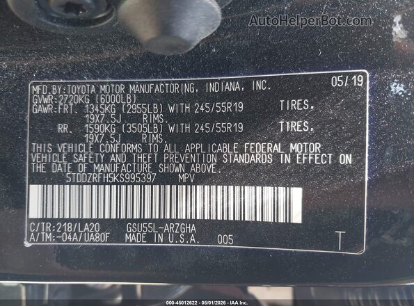 5TDDZRFH5KS995397 2019 TOYOTA LIMITED Black Вид підкапотного простору