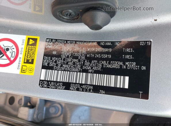 5TDDZRFH7KS968671 2019 TOYOTA HIGHLANDER Silver Շարժիչի բաժամունքի տեսք