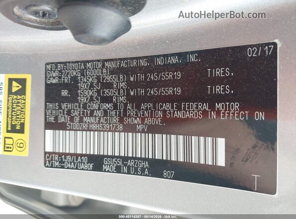 5TDDZRFH8HS391738 2017 TOYOTA HIGHLANDER Silver Vista del compartimento del motor