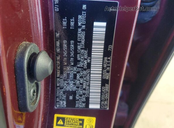 5TDDZRFH9JS894765 2018 TOYOTA HIGHLANDER Burgundy Vista de la etiqueta del VIN