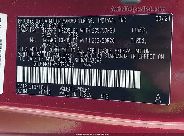 5TDERKEC9MS033432 2021 TOYOTA SIENNA Burgundy Вид підкапотного простору