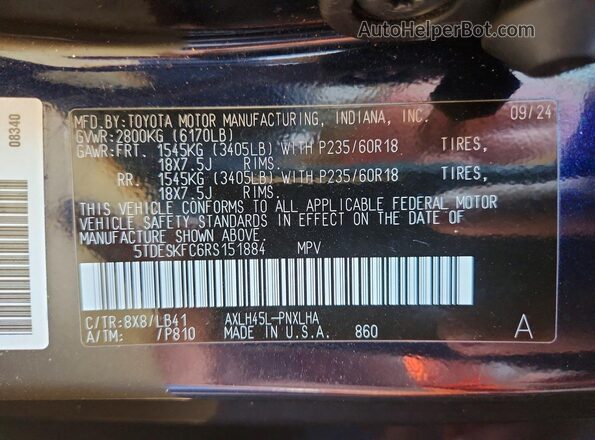 5TDESKFC6RS151884 2024 TOYOTA SIENNA Blue Widok wnętrza 360 stopni