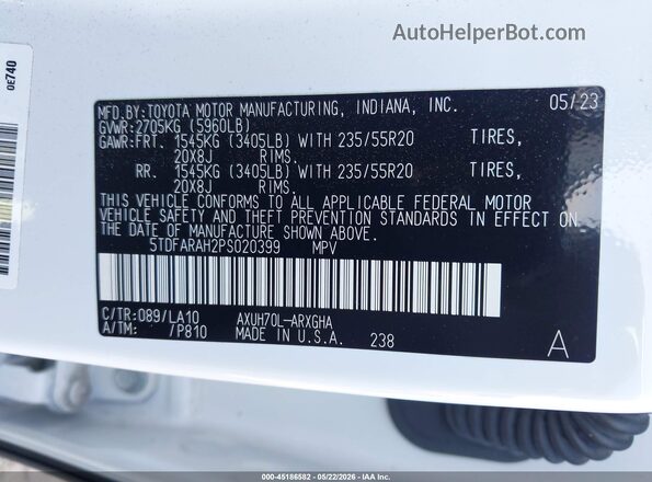 5TDFARAH2PS020399 2023 TOYOTA HIGHLANDER White Вид підкапотного простору