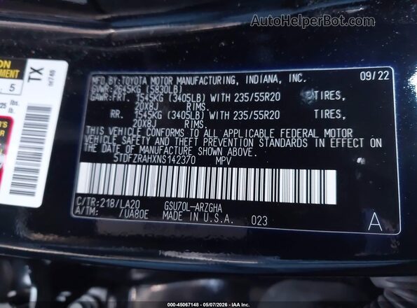 5TDFZRAHXNS142370 2022 TOYOTA HIGHLANDER Black Engine compartment view