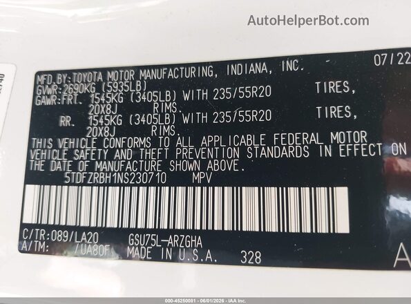 5TDFZRBH1NS230710 2022 TOYOTA HIGHLANDER White Widok komory silnika