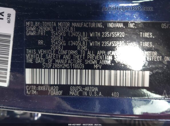5TDFZRBH2MS118609 2021 TOYOTA HIGHLANDER Blue 