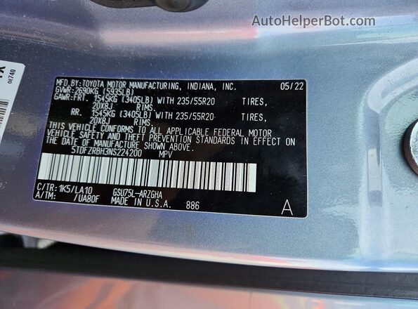5TDFZRBH3NS224200 2022 TOYOTA HIGHLANDER Синий Вид наклейки с VIN-кодом