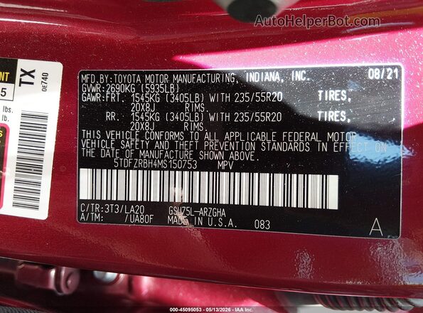 5TDFZRBH4MS150753 2021 TOYOTA HIGHLANDER Красный Вид подкапотного пространства