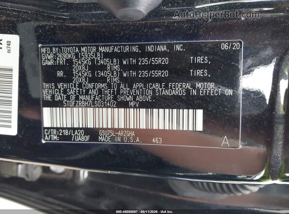 5TDFZRBH7LS031402 2020 TOYOTA HIGHLANDER Black Widok komory silnika
