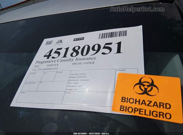 5TDFZRBH8MS149542 2021 TOYOTA HIGHLANDER Silver VIN sticker view