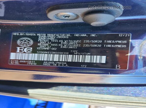 5TDGRKEC0NS098308 2022 TOYOTA SIENNA Синий 