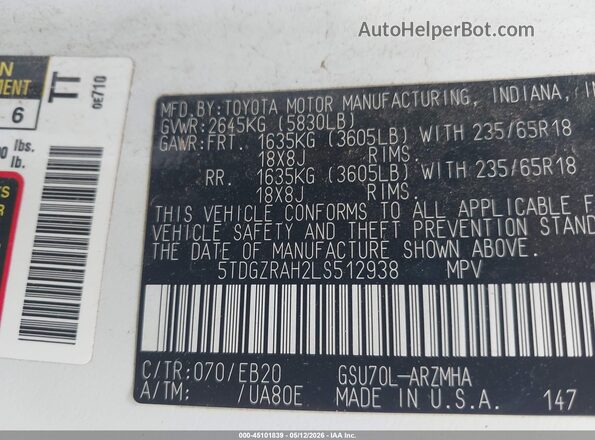 5TDGZRAH2LS512938 2020 TOYOTA LE White Engine compartment view