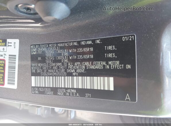 5TDGZRAH2MS050320 2021 TOYOTA HIGHLANDER Gray ძრავის განყოფილების ხედი