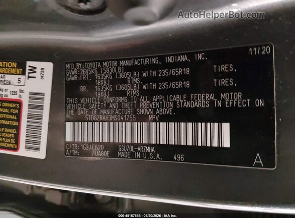 5TDGZRAH3MS041755 2021 TOYOTA HIGHLANDER Gray Vista del compartimento del motor
