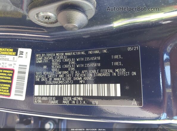 5TDGZRAH3MS530513 2021 TOYOTA LE Dark Blue ძრავის განყოფილების ხედი