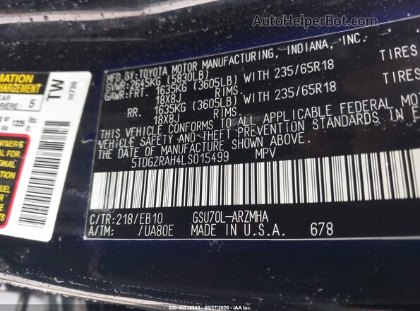 5TDGZRAH4LS015499 2020 TOYOTA HIGHLANDER Black Vista del compartimento del motor