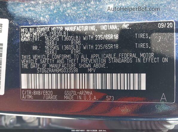 5TDGZRAH6MS033598 2021 TOYOTA LE Blue Вид підкапотного простору