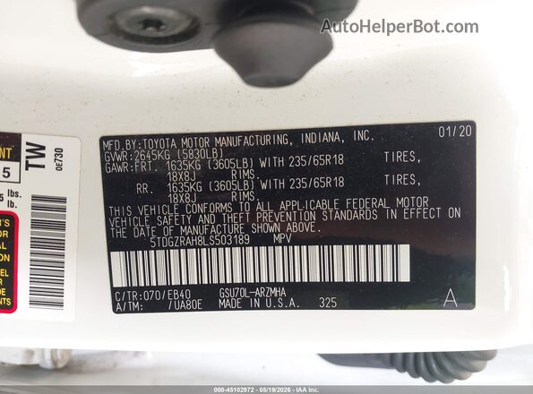 5TDGZRAH8LS503189 2020 TOYOTA HIGHLANDER White Вид підкапотного простору