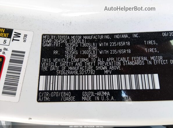 5TDGZRAH9LS017782 2020 TOYOTA HIGHLANDER White Engine compartment view