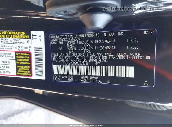 5TDGZRBH2MS139318 2021 TOYOTA HIGHLANDER Черный Вид подкапотного пространства