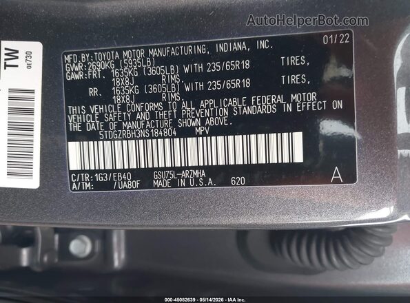 5TDGZRBH3NS184804 2022 TOYOTA HIGHLANDER Gray 