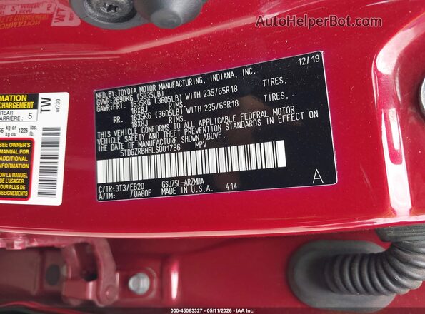 5TDGZRBH5LS001786 2020 TOYOTA LE Red ძრავის განყოფილების ხედი