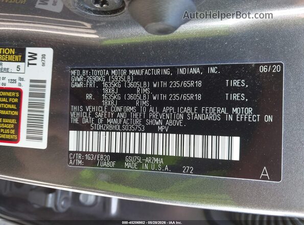 5TDHZRBH0LS035753 2020 TOYOTA HIGHLANDER Серый Вид подкапотного пространства