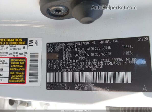 5TDHZRBH9LS502717 2020 TOYOTA HIGHLANDER White 