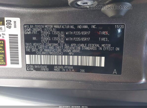 5TDJRKEC1MS005543 2021 TOYOTA SIENNA Серый Вид подкапотного пространства