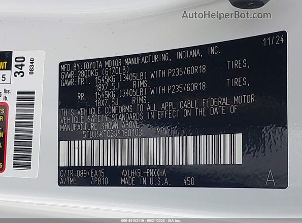 5TDJSKFC2SS160103 2025 TOYOTA SIENNA White Widok komory silnika