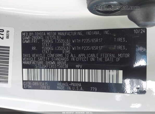 5TDJSKFC8SS156038 2025 TOYOTA SIENNA Белый Вид подкапотного пространства