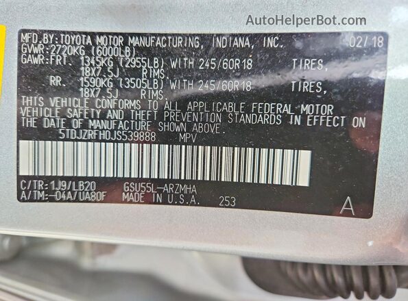 5TDJZRFH0JS539888 2018 TOYOTA HIGHLANDER Silver Widok wnętrza 360 stopni
